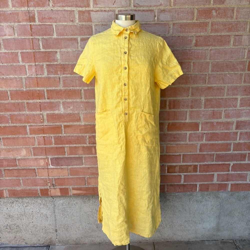Harve Benard Yellow Linen Shirt Dress Short‎ Sleeve Midi Pockets Womens 14